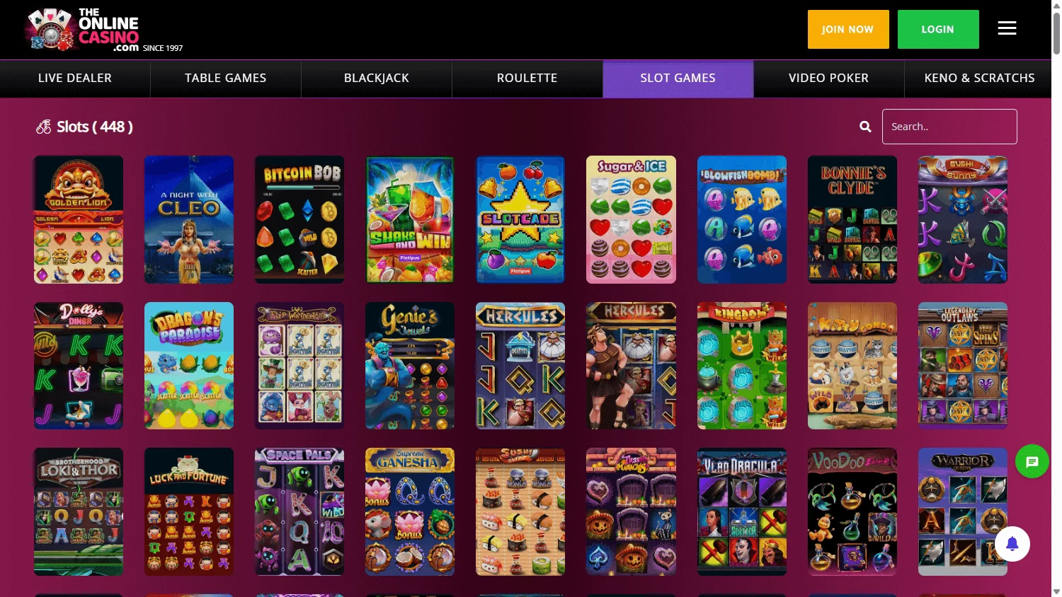 88 Casino games interface on desktop