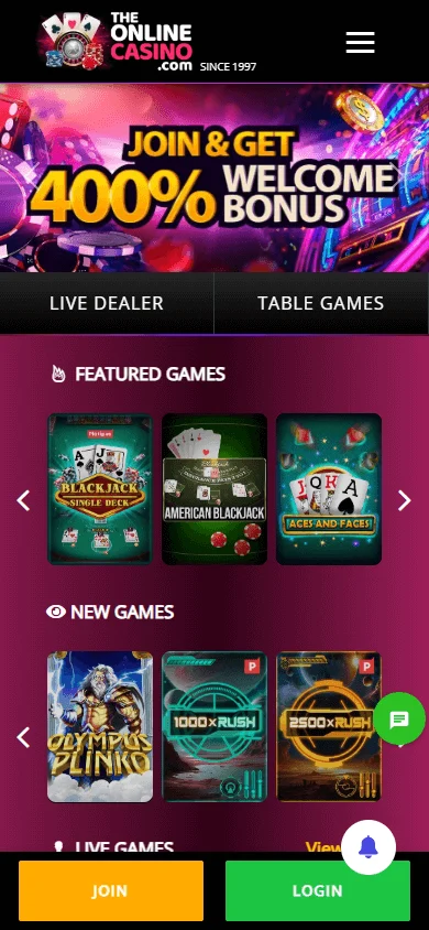 88 Casino home interface on a mobile device